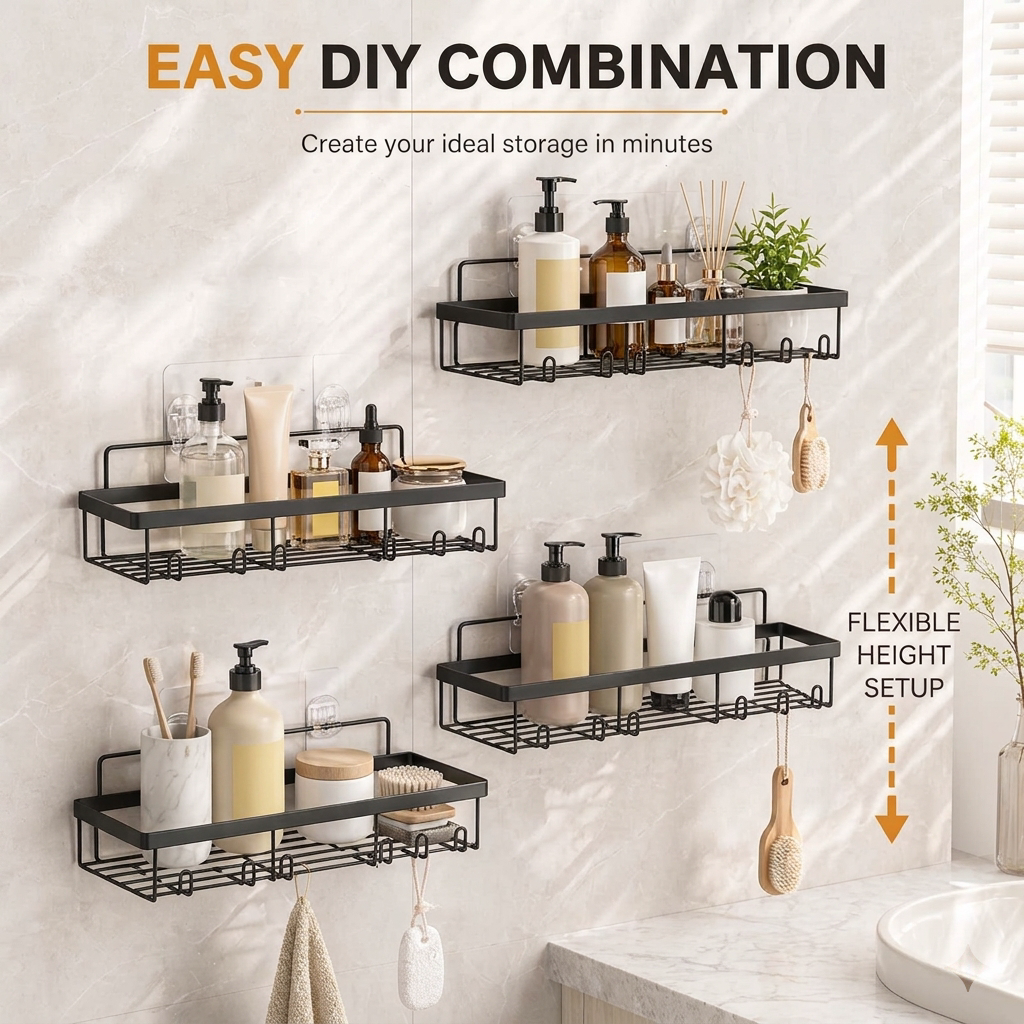 Modern No-Drill Bathroom Storage Rack 3-Tier Wall Mounted Organizer for Toiletries and Daily Essentials