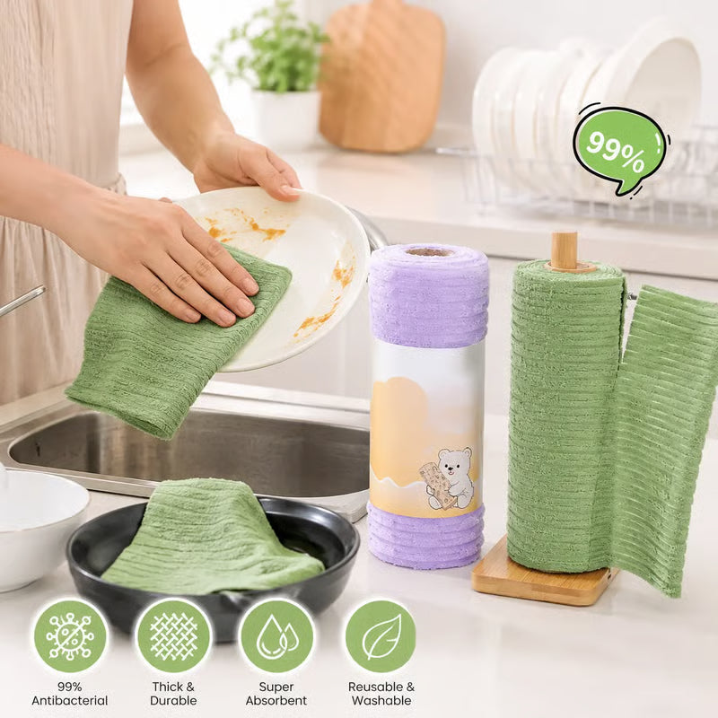 Tearable Reusable Plush Cleaning Cloth Roll, Washable Absorbent Household Cleaning Towels